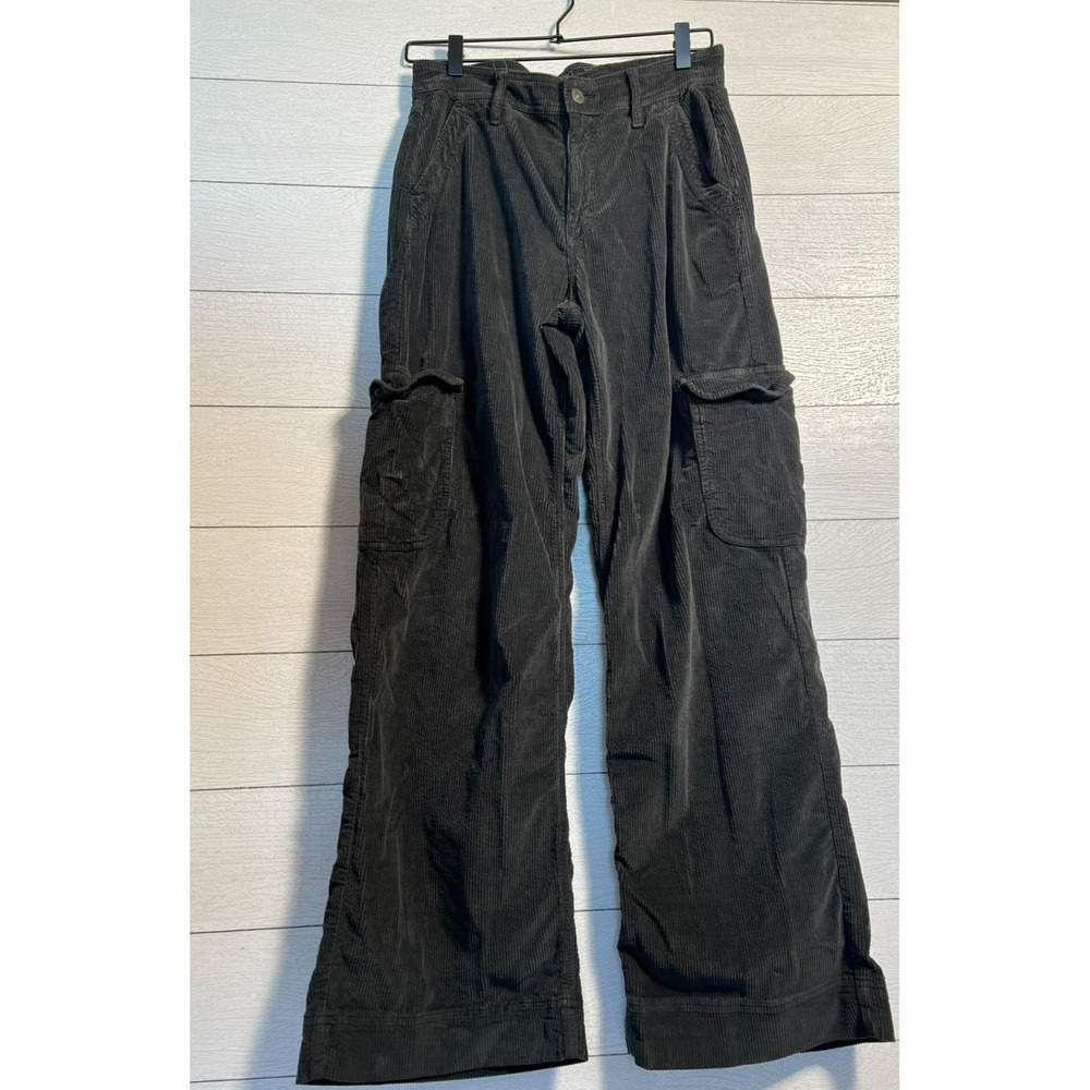 American Eagle Women 6 Corduroy Cargo Pant Charcoal Baggy Wide Leg Stretch 28x30